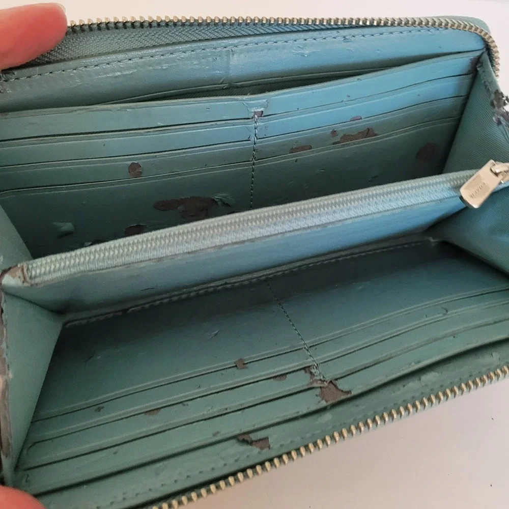 Coach Signature Accordion Zip Wallet Khaki Teal Monogram Canvas Long Wallet